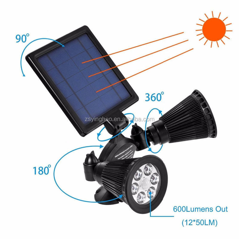 Energia solar com duas cabeças de luz dupla 12 LED luz de jardim exterior