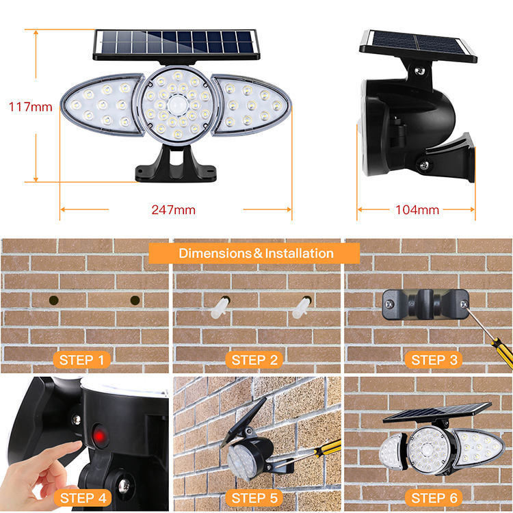 IP65 Sensor de movimento solar Luzes solares de segurança de emergência exterior Jardim Luz solar de parede