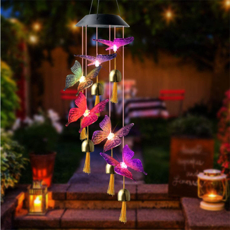 Lâmpada de vento de jardim Solar Sinos de vento Luz para decoração de borboleta interior personalizável