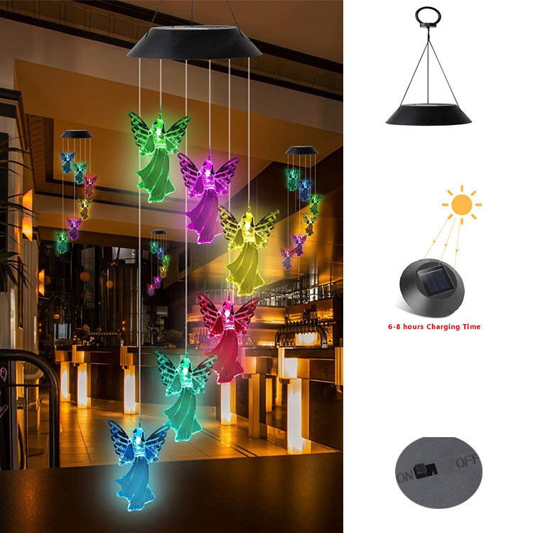 Ângulo de feixe de 360 ° Cor-de-Rosa Ángel Wind Chimes para exterior Luzes solares Decoração de jardim de fadas