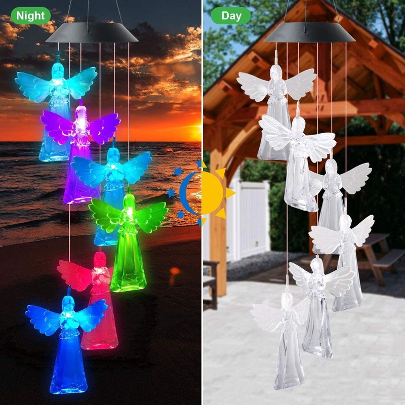 Ângulo de feixe de 360 ° Cor-de-Rosa Ángel Wind Chimes para exterior Luzes solares Decoração de jardim de fadas