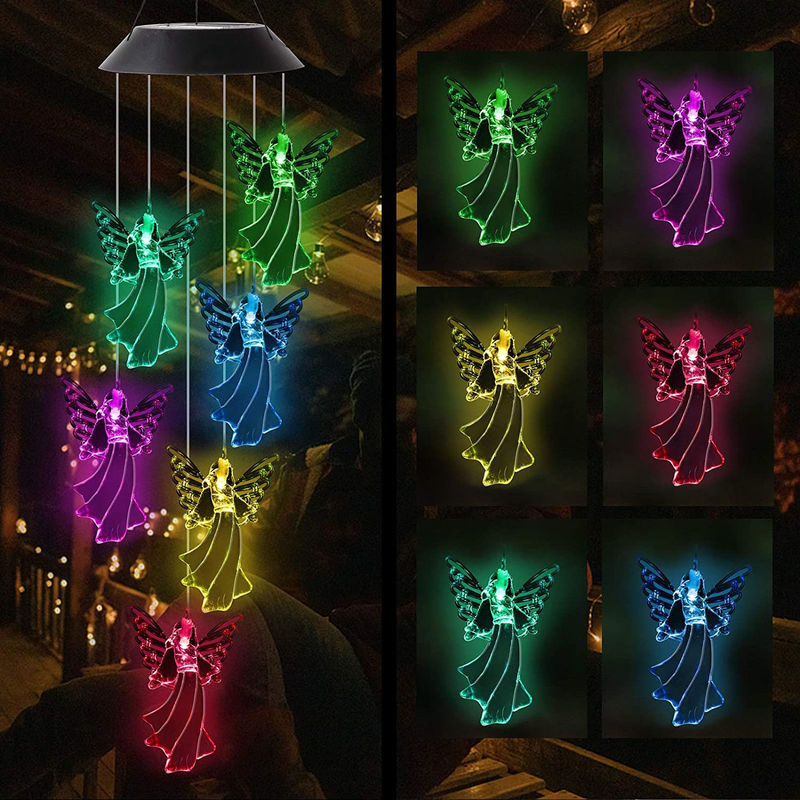 Ângulo de feixe de 360 ° Cor-de-Rosa Ángel Wind Chimes para exterior Luzes solares Decoração de jardim de fadas