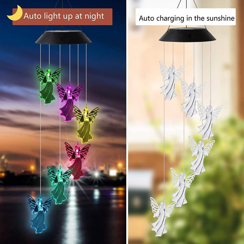 Ângulo de feixe de 360 ° Cor-de-Rosa Ángel Wind Chimes para exterior Luzes solares Decoração de jardim de fadas