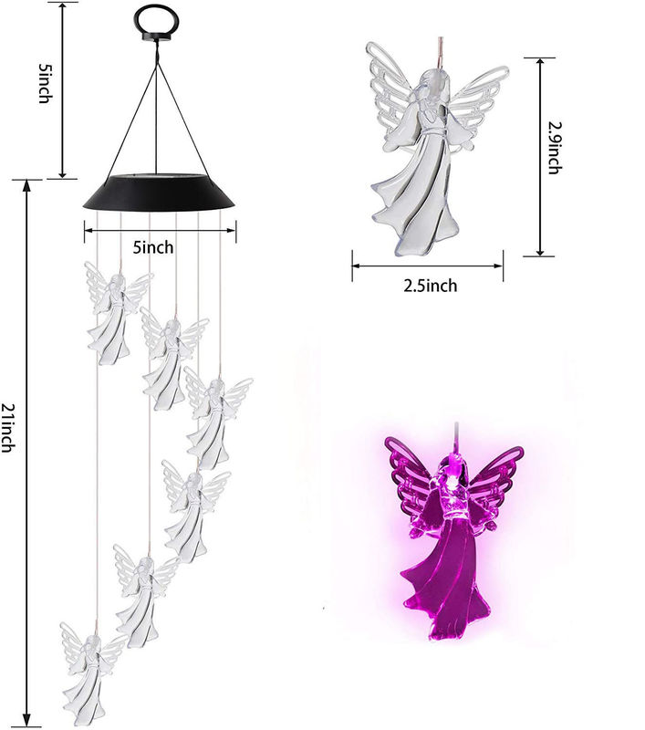 Ângulo de feixe de 360 ° Cor-de-Rosa Ángel Wind Chimes para exterior Luzes solares Decoração de jardim de fadas
