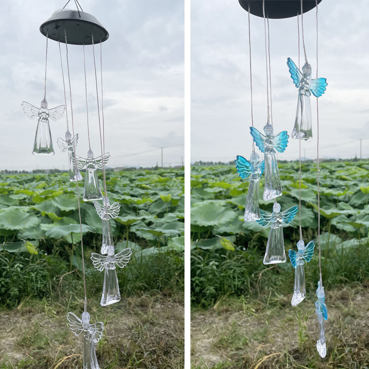 Ângulo de feixe de 360 ° Cor-de-Rosa Ángel Wind Chimes para exterior Luzes solares Decoração de jardim de fadas