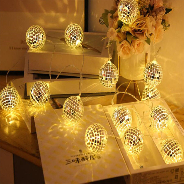 Lâmpada de cordas de LED de bola de espelho de prata para festa de decoração de Natal Casa quarto interior