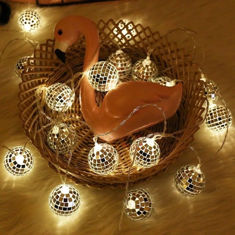Lâmpada de cordas de LED de bola de espelho de prata para festa de decoração de Natal Casa quarto interior