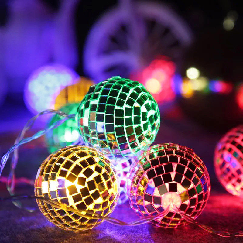 Lâmpada de cordas de LED de bola de espelho de prata para festa de decoração de Natal Casa quarto interior
