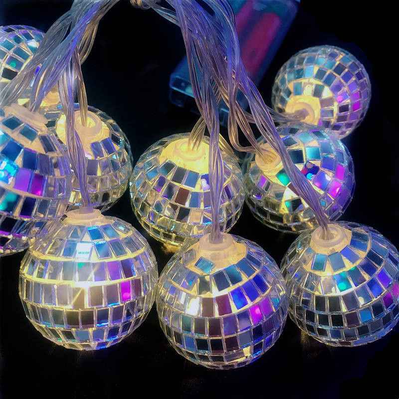Lâmpada de cordas de LED de bola de espelho de prata para festa de decoração de Natal Casa quarto interior