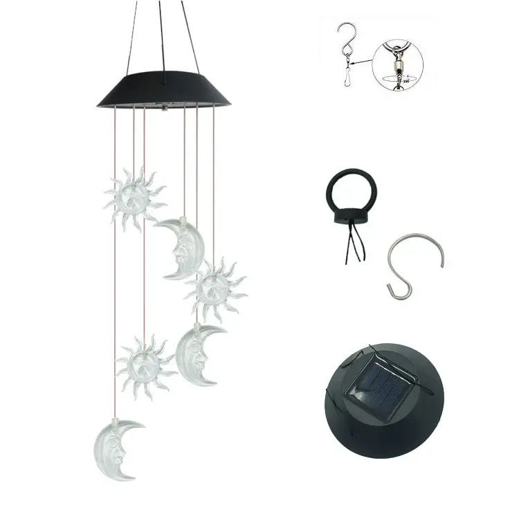 Sol Lua Luzes solares Sinos de vento coloridos para jardim Impermeável Gradiente de sete cores