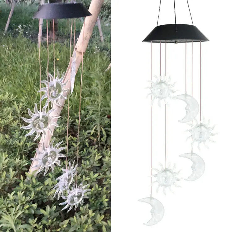 Sol Lua Luzes solares Sinos de vento coloridos para jardim Impermeável Gradiente de sete cores