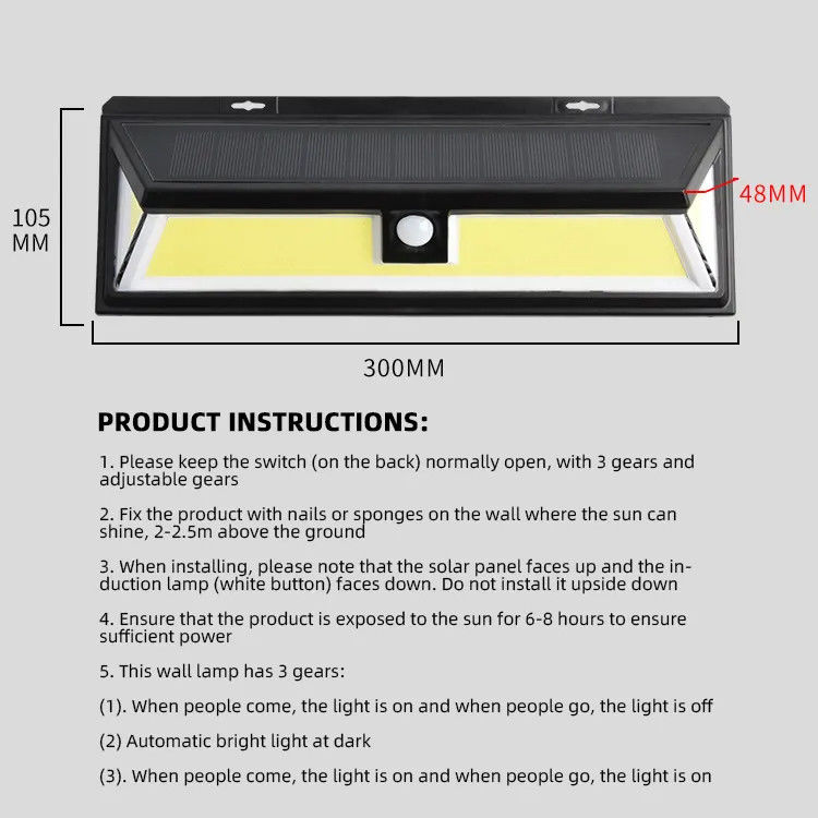 Lâmpadas solares de 180 LED Cob Sensor de movimento sem fio exterior Luz de segurança de parede